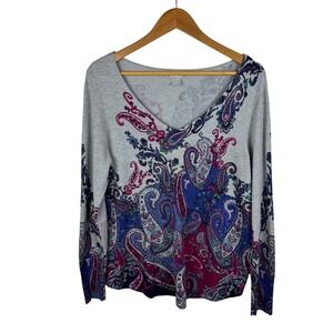 Chicos Paisley Knit Sweater Top Medium Multicolor Boho Soft Stretch Comfort Chic